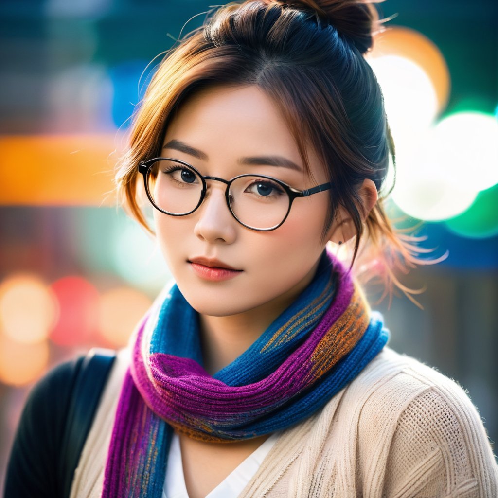 Portrait of Yuko, an (muscular: 1.4) Asian woman with blond-dyed hair in a bun, wearing a cozy sweater, a colorful scarf around her neck, and stylish glasses. The portrait captures her from the shoulders up, showcasing her civilian identity. Her expression is soft and approachable, with a hint of a smile. The background is a neutral, blurred setting to keep the focus on her face and attire. The image should be detailed and realistic, emphasizing her unique features and stylish look.
