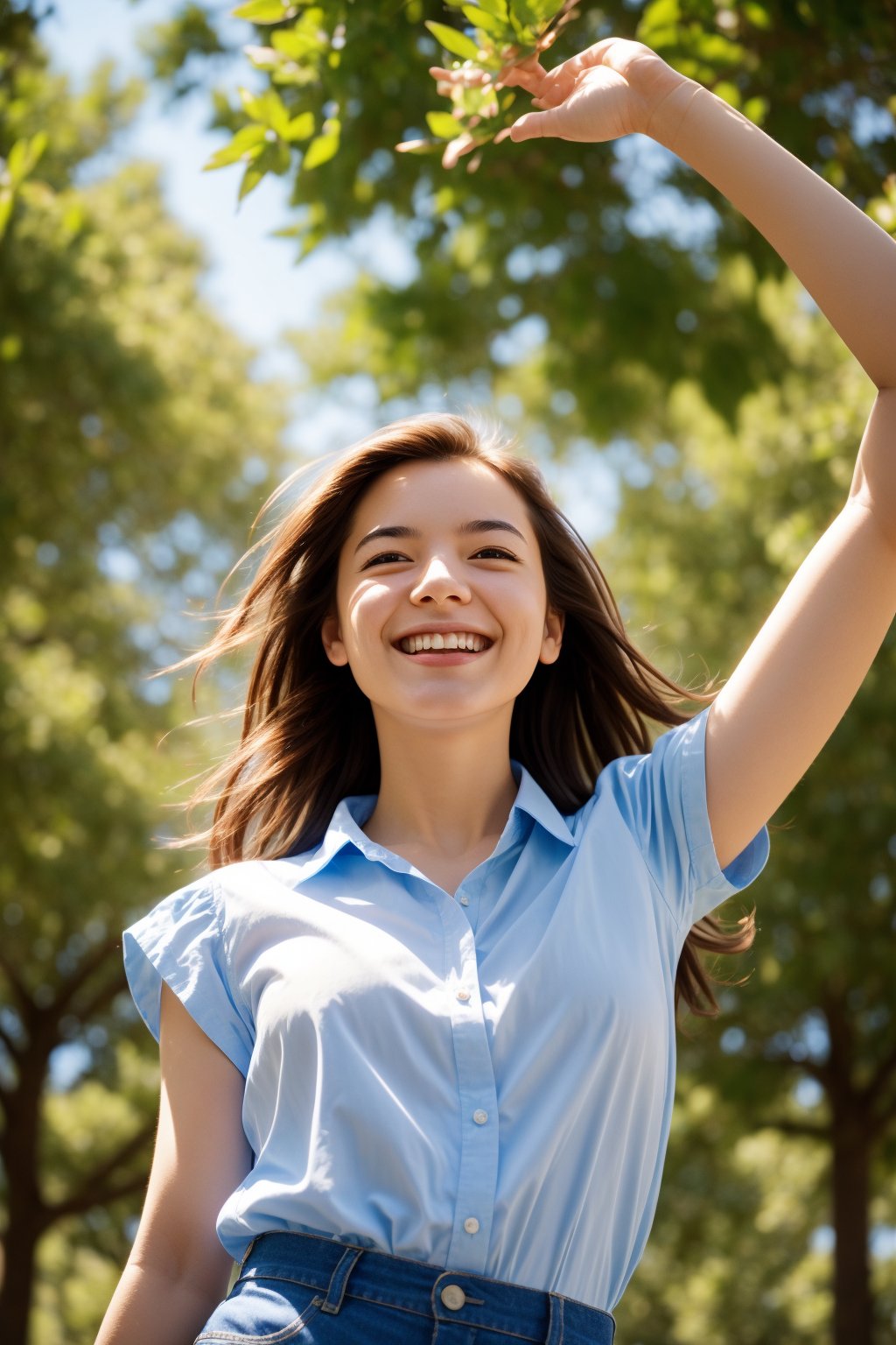 Masterpiece, top quality, high definition, artistic composition, 1 girl, upper body, composition from below, smiling, cotton shirt, looking at me, blue sky, sunlight through trees, casual, portrait, warm, reaching out