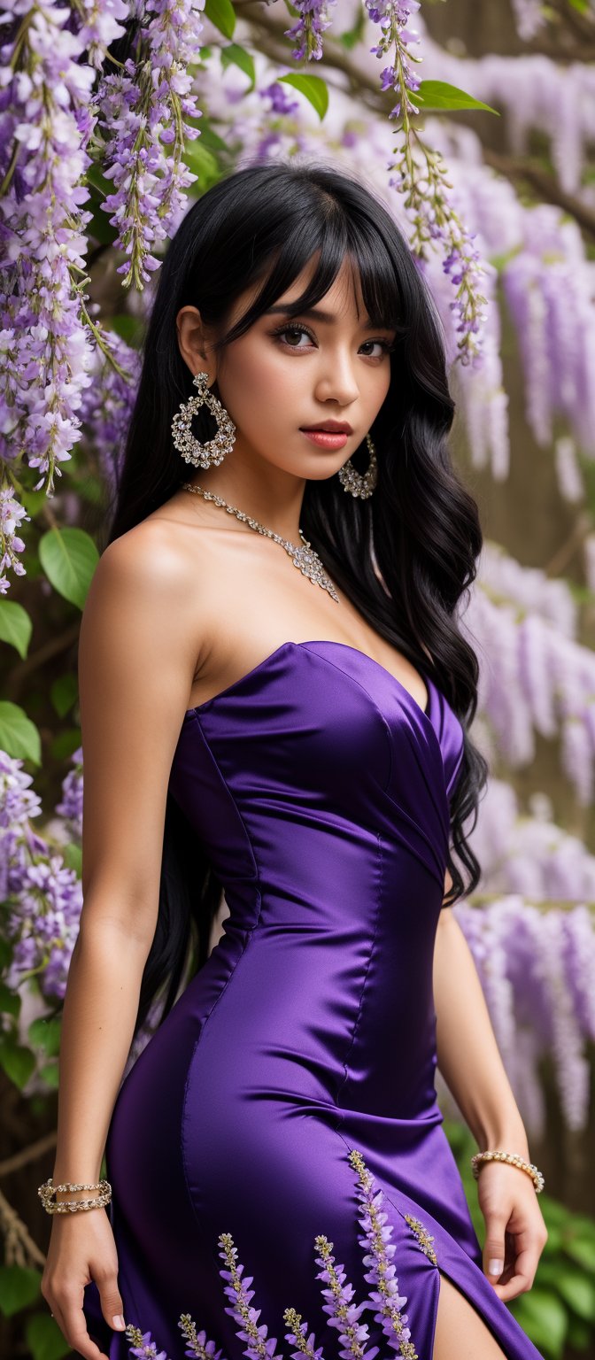 1girl, solo, long hair, black hair, hair ornament, dress, jewelry, purple eyes, flower, earrings, purple dress, purple flower, wisteria