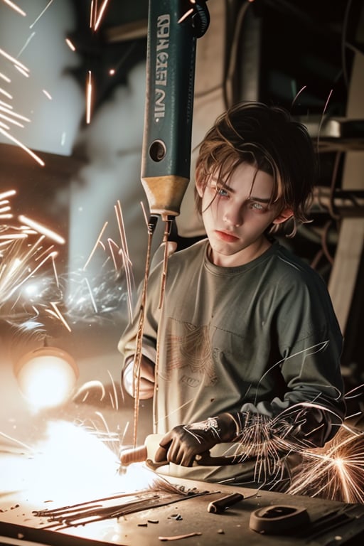 UpHD, 4K, realistic photo of a person grinding iron with a lowlight model photo, lots of sparks from the iron. wear work clothes with the words (QUARTO) on them