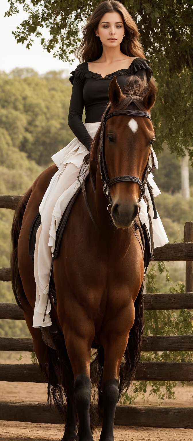 Generate hyper realistic image of a woman with long, wavy, and light brown, flowing freely. She is wearing subtle make up yet enhancing her natural beauty, with a focus on her eyes and lips. She is wearing a black, fitted top that accentuates her figure and a flowing red skirt. The skirt is long and flowing, draping elegantly over the horse. She is sitting gracefully on a black horse. She sits side-saddle, with one leg draped over the horse. The setting is an outdoor setting with a soft, blurred background., 