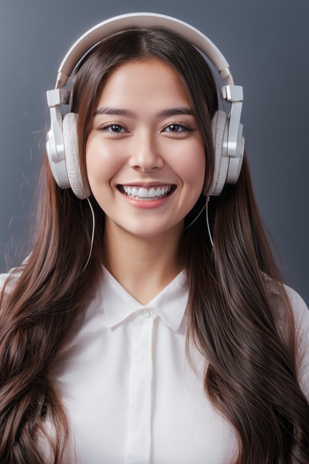 warm light room Beautiful woman with silver long hair against a grey background.over-the-ear headphones Smile,black tights top,Girl, smile, very happy