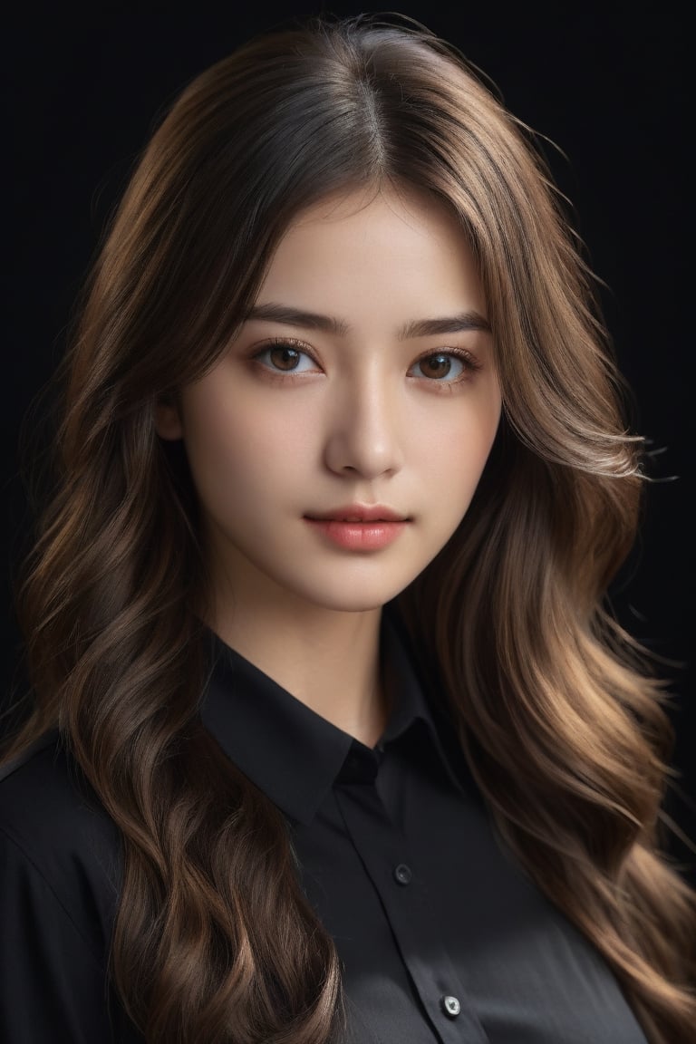 masterpiece, best quality, ultra-detailed, ultra high res, (photorealistic:1.4), raw photo, (realistic:0.2), 8k HDR, realistic lighting, 1girl, solo, looking at viewer, long wavy hair, (detailed oily skin), black eyes, (detailed face), (simple black background:1.1), (upper body:1.2), collared black shirt