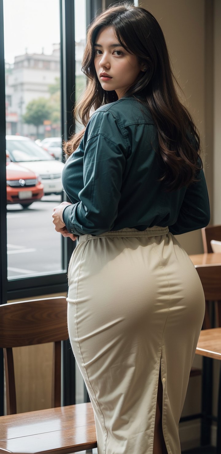 raw photo,  photorealistic,  intricate,  photo of beautiful 40 year old kerala mallu business woman, wearing green short midi skirt and shirt, talking in business meeting, thick waist,  long brown hair,  very_long_hair, formal dress, at italian coffee shop, chubby, chubby,  front-view,  gray eyes,  long wavy hair,  skin texture, holding luxury wallet, pores, morning light from window,   cinematic LUT,  medium shot,  waist and torso shot,  golden pin light to face,  warm point light to head and face, vibrant feminine  vintage Color Palette, more saturation , REALISTIC