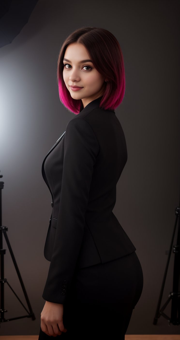 a beautiful girl wearing a black suit and giving a good pose and lighting background in studio and an ai inlfuencer and a colorful hair and pretty face and eyes pretty differnet pose