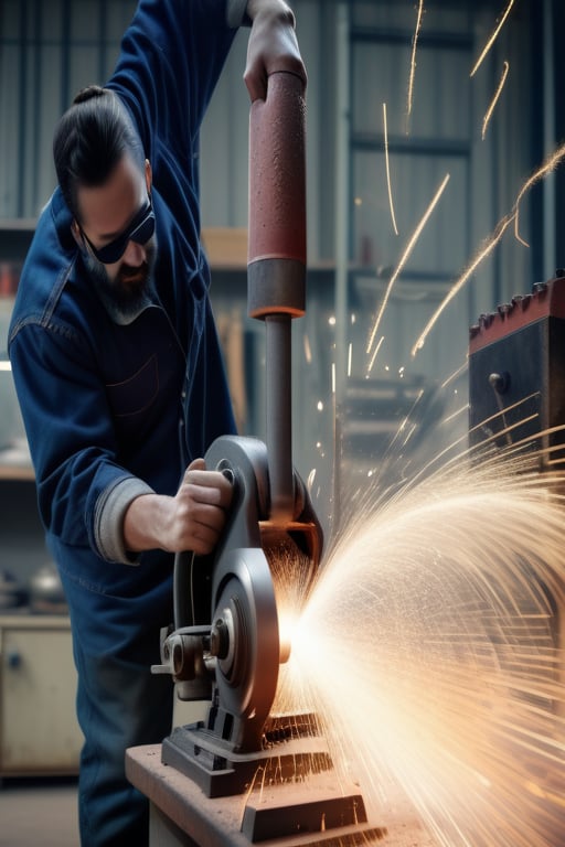 UpHD, 4K, realistic photo of a person hand grinding grinding iron with a lowlight model photo, lots of sparks from the iron. wear work clothes with the words (QUARTO) on them, Light master,Detailedface,lightshapes