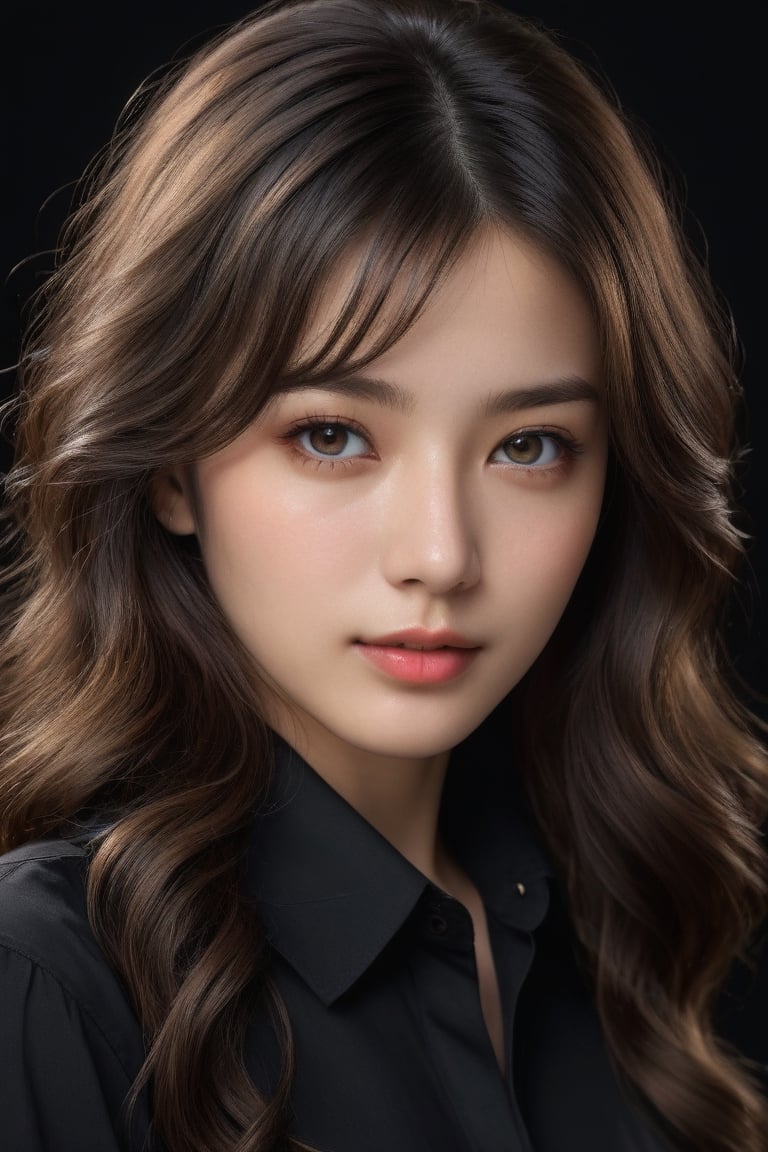 masterpiece, best quality, ultra-detailed, ultra high res, (photorealistic:1.4), raw photo, (realistic:0.2), 8k HDR, realistic lighting, 1girl, solo, looking at viewer, long wavy hair, (detailed oily skin), black eyes, (detailed face), (simple black background:1.1), (upper body:1.2), collared black shirt