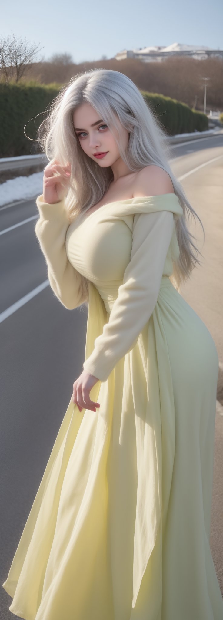 lovely  cute  young  attractive  Europe teenage  girl  in  a  pretty foreign dress,  23  years  old  ,  cute  ,  an  Instagram  model  ,  long  yellow-green_hair  ,  winter  ,  on the road  .  , „ Europe 