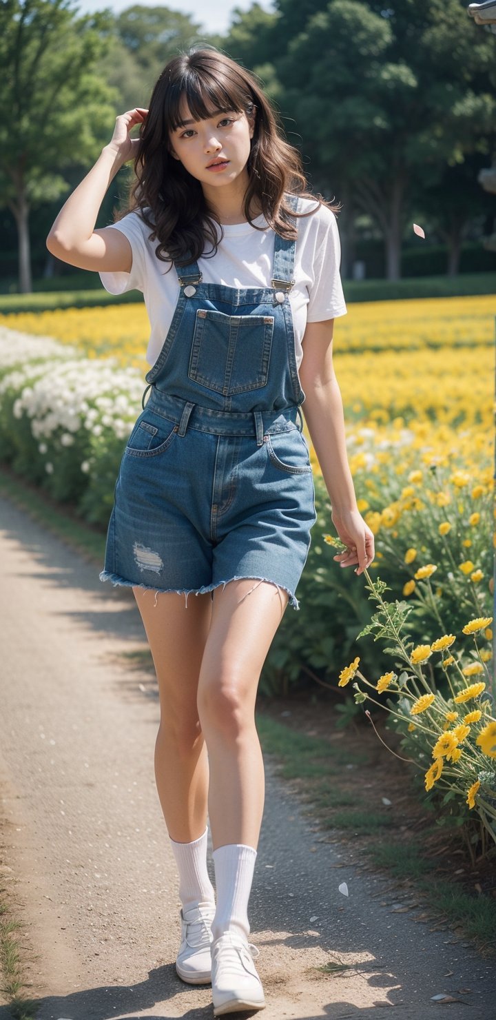 background is flower field,grass field,horizon,wind blowing,petals blowing,16 yo, 1 girl, beautiful girl,smile,
wearing denim overalls skirt,long socks,standing on flower field,holding buquet, cowboy shot,very_long_hair, hair past hip, bangs, curly hair, realhands, masterpiece, Best Quality, 16k, photorealistic, ultra-detailed, finely detailed, high resolution, perfect dynamic composition, beautiful detailed eyes, ((nervous and embarrassed)), sharp-focus, full body shot,pink flower,flower