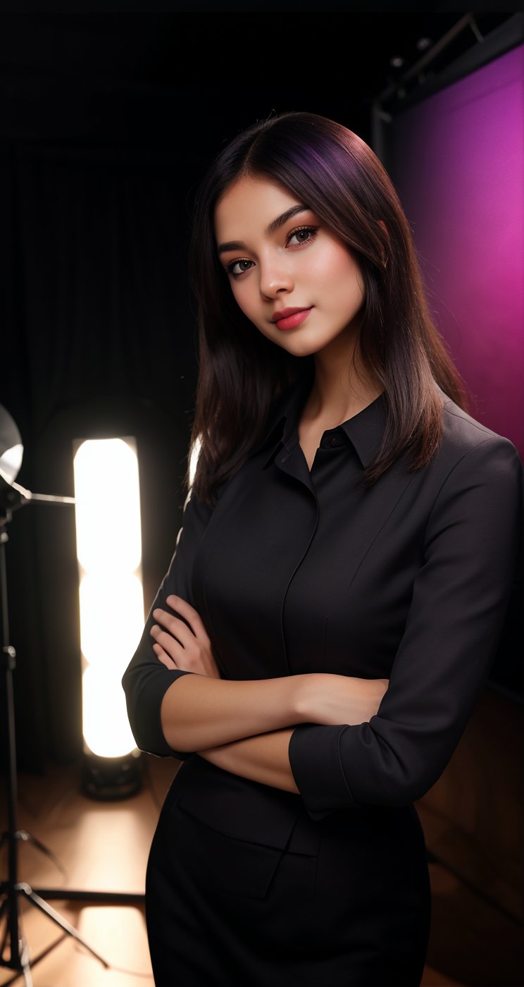 a beautiful girl wearing a black suit and giving a good pose and lighting background in studio and an ai inlfuencer and a colorful hair and pretty face and eyes pretty differnet pose