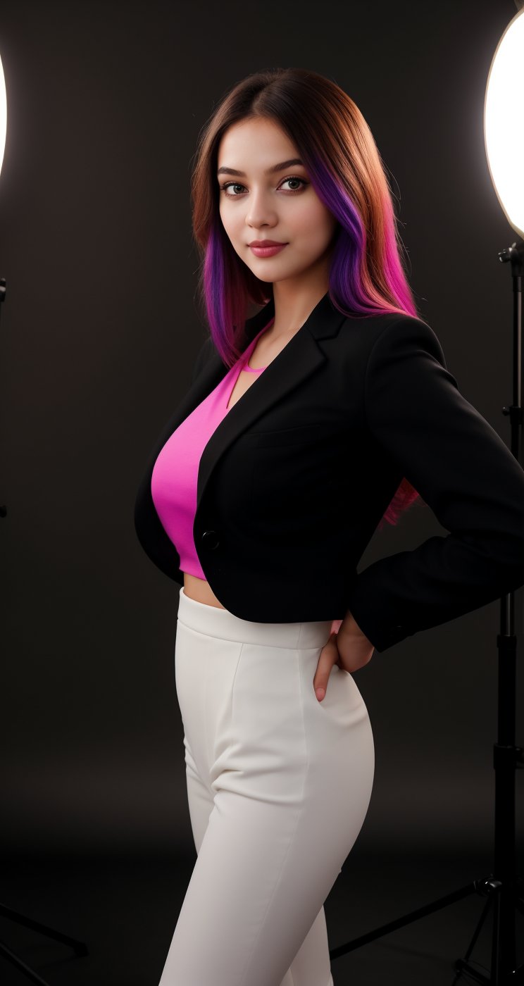 a beautiful girl wearing a black suit and giving a good pose and lighting background in studio and an ai inlfuencer and a colorful hair and pretty face and eyes pretty differnet pose