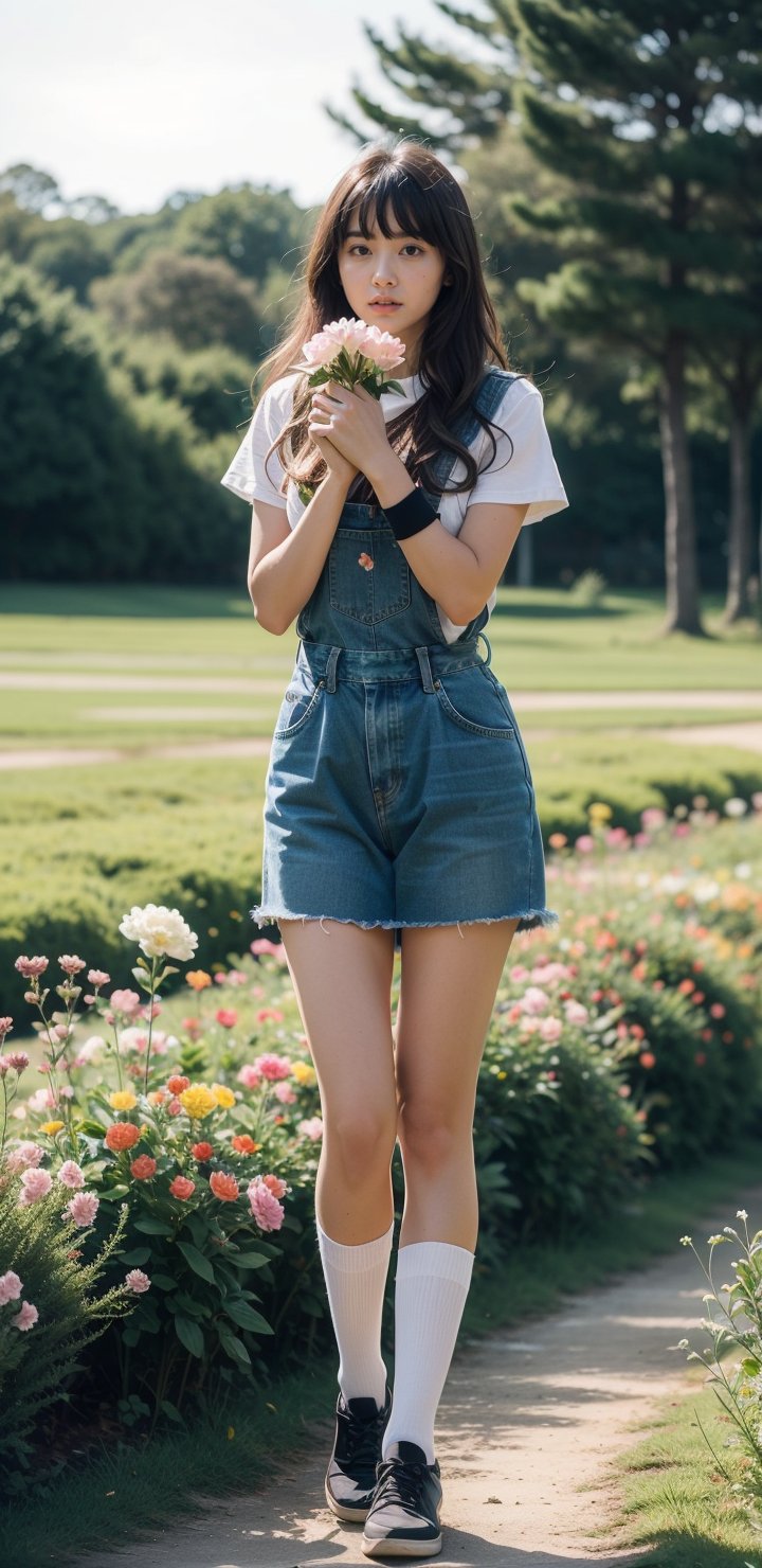 background is flower field,grass field,horizon,wind blowing,petals blowing,16 yo, 1 girl, beautiful girl,smile,
wearing denim overalls skirt,long socks,standing on flower field,holding buquet, cowboy shot,very_long_hair, hair past hip, bangs, curly hair, realhands, masterpiece, Best Quality, 16k, photorealistic, ultra-detailed, finely detailed, high resolution, perfect dynamic composition, beautiful detailed eyes, ((nervous and embarrassed)), sharp-focus, full body shot,pink flower,flower