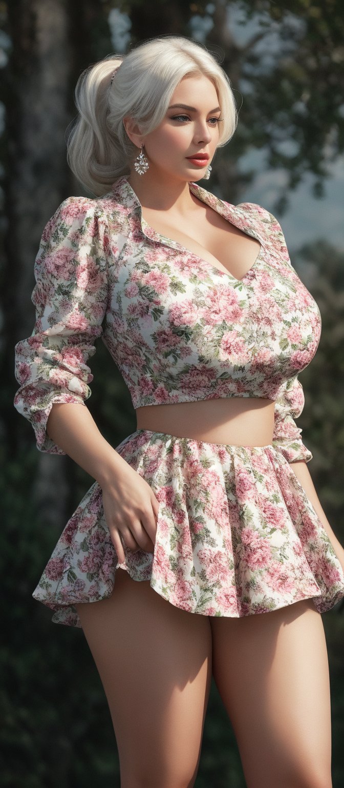 Generate hyper realistic image of a woman in a short dress with a floral print, her long sleeves adding a touch of elegance as she stands in a cowboy shot pose. Her white hair is styled in a chic ponytail, drawing attention to her striking profile and luscious lips, while dangling earrings catch the light.