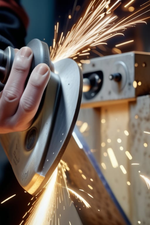 UpHD, 4K, realistic photo of a person hand grinding grinding iron with a lowlight model photo, lots of sparks from the iron. wear work clothes with the words (QUARTO) on them, Light master,Detailedface,lightshapes