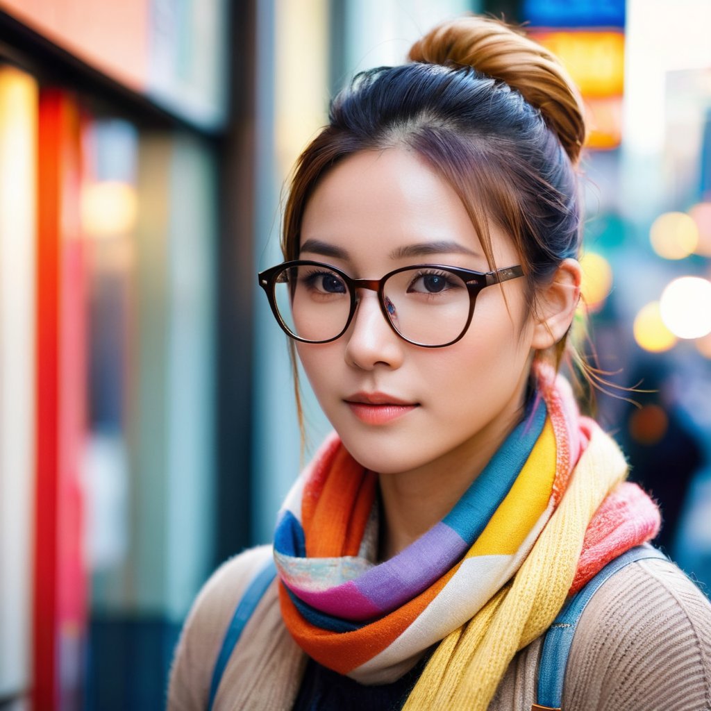 Portrait of Yuko, an (muscular: 1.4) Asian woman with blond-dyed hair in a bun, wearing a cozy sweater, a colorful scarf around her neck, and stylish glasses. The portrait captures her from the shoulders up, showcasing her civilian identity. Her expression is soft and approachable, with a hint of a smile. The background is a neutral, blurred setting to keep the focus on her face and attire. The image should be detailed and realistic, emphasizing her unique features and stylish look.
