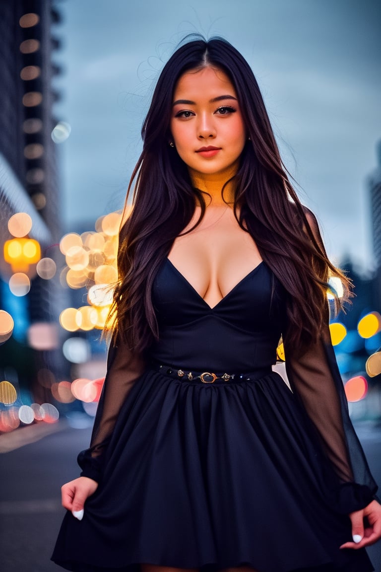 instagram photo, closeup face photo of 18 y.o swedish woman in dress, beautiful face, makeup, night city street, bokeh, motion blur
