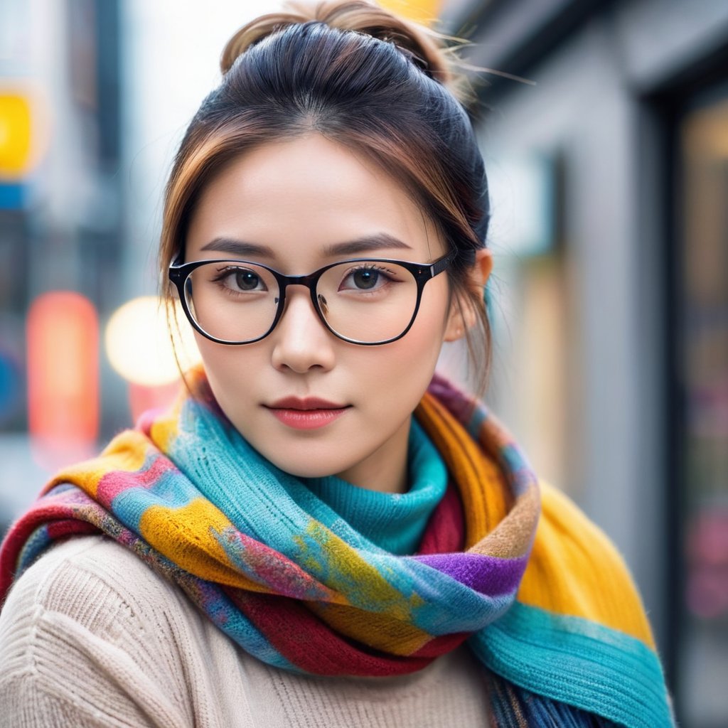 Portrait of Yuko, an (muscular: 1.4) Asian woman with blond-dyed hair in a bun, wearing a cozy sweater, a colorful scarf around her neck, and stylish glasses. The portrait captures her from the shoulders up, showcasing her civilian identity. Her expression is soft and approachable, with a hint of a smile. The background is a neutral, blurred setting to keep the focus on her face and attire. The image should be detailed and realistic, emphasizing her unique features and stylish look.
