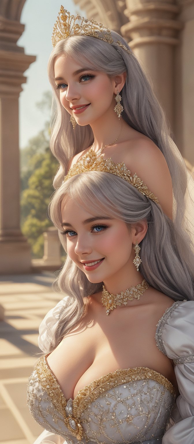 Very beautiful and charming girl, tender smile, silver long hair. She wears a very fancy and chaste princess outfit (Beautiful and elegant princess dress, silver tiara, elengat golden hairpin, beatiful earrings, elegant jewelry). Beautiful skin. Beautitul and detailed eyes. cyan eyes. Her eyes shine, her hair looks nice and shines too. Himecut hairstyle, golden earrings, shining golden hairpin. She's walking in the palace. Sunny day. That feminine beauty is present in her.