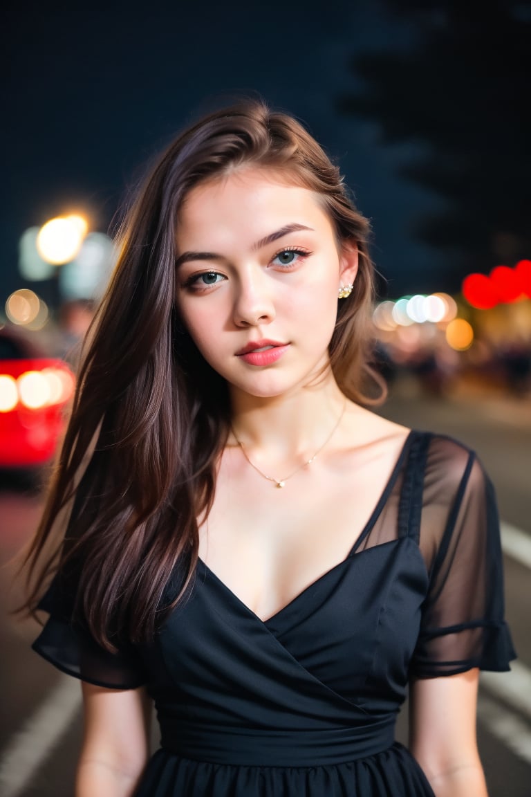 instagram photo, closeup face photo of 18 y.o swedish woman in dress, beautiful face, makeup, night city street, bokeh, motion blur
