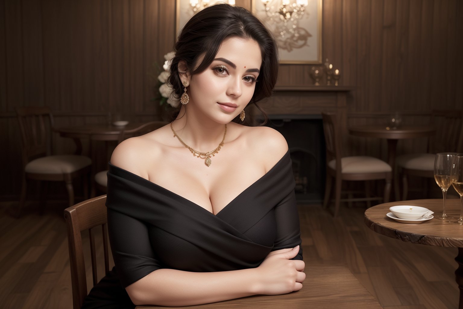  off-the-shoulder knit dress for curvy figures Plus Size woman, The setting should be a luxurious room and The atmosphere should radiate elegance, confidence, and timeless beauty, She is leaning on a wooden table with her left arm and looking directly at the camera,Saree,Extremely Realistic