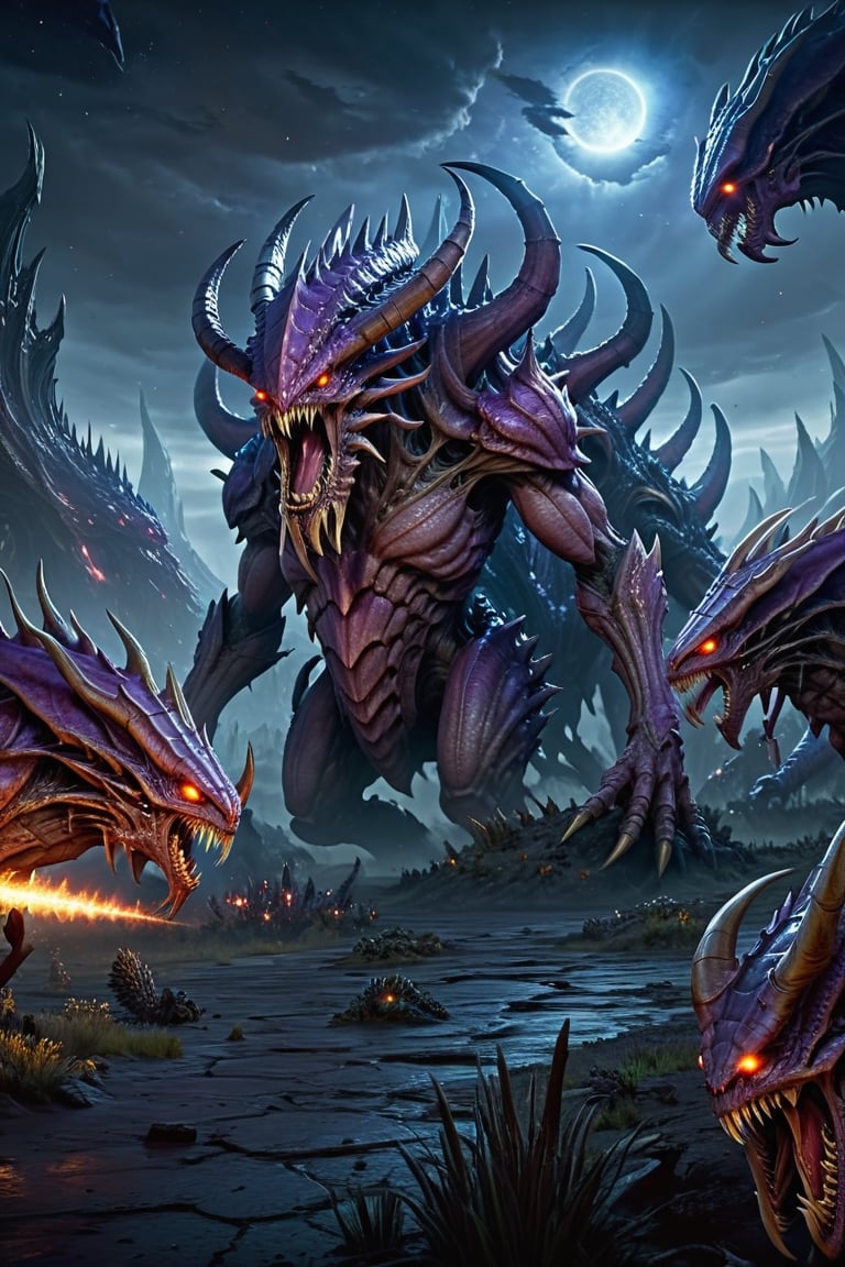 (masterpiece),  (ultra detailed), (beautiful), (UHD, HDR), (8k), (highres:1.2), (intricate and beautiful:1.2), (dramatic lighting:1.2), an army of alien monsters looking like zergling and hydralisk in the style of the game starcraft.