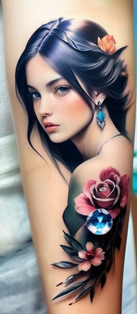 Realistic, masterpiece, high quality. A human female with a tattoo on her arm. A beautiful gemstone tattoo
