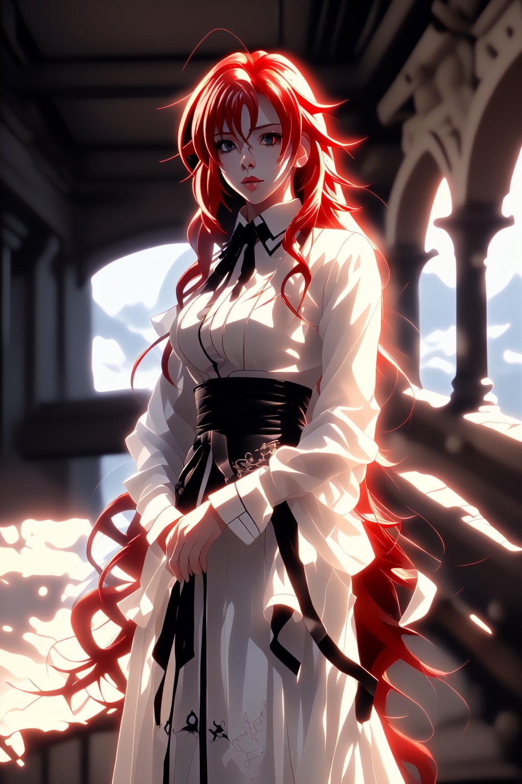 girl, rias gremory, red hair, long hair, shirt white, blue eyes, costume elegant, 4K, anime,