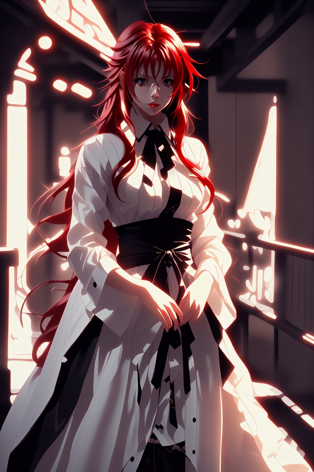 girl, rias gremory, red hair, long hair, shirt white, blue eyes, costume elegant, 4K, anime,