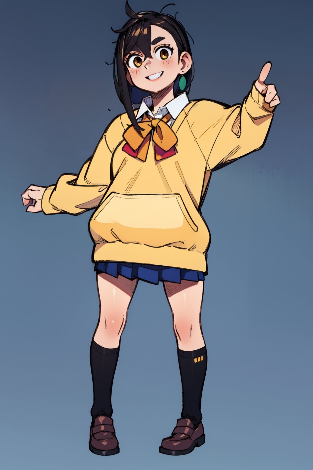 High Quality, Master piece, beautiful  solo female, perfect anatomy, beautiful girl, black hair, yellow sweater, school_uniform, Big  smile , (fullbody shot),  ,momo_ayase,better_hands,DonMW15p,Rizdraws,rizdraws