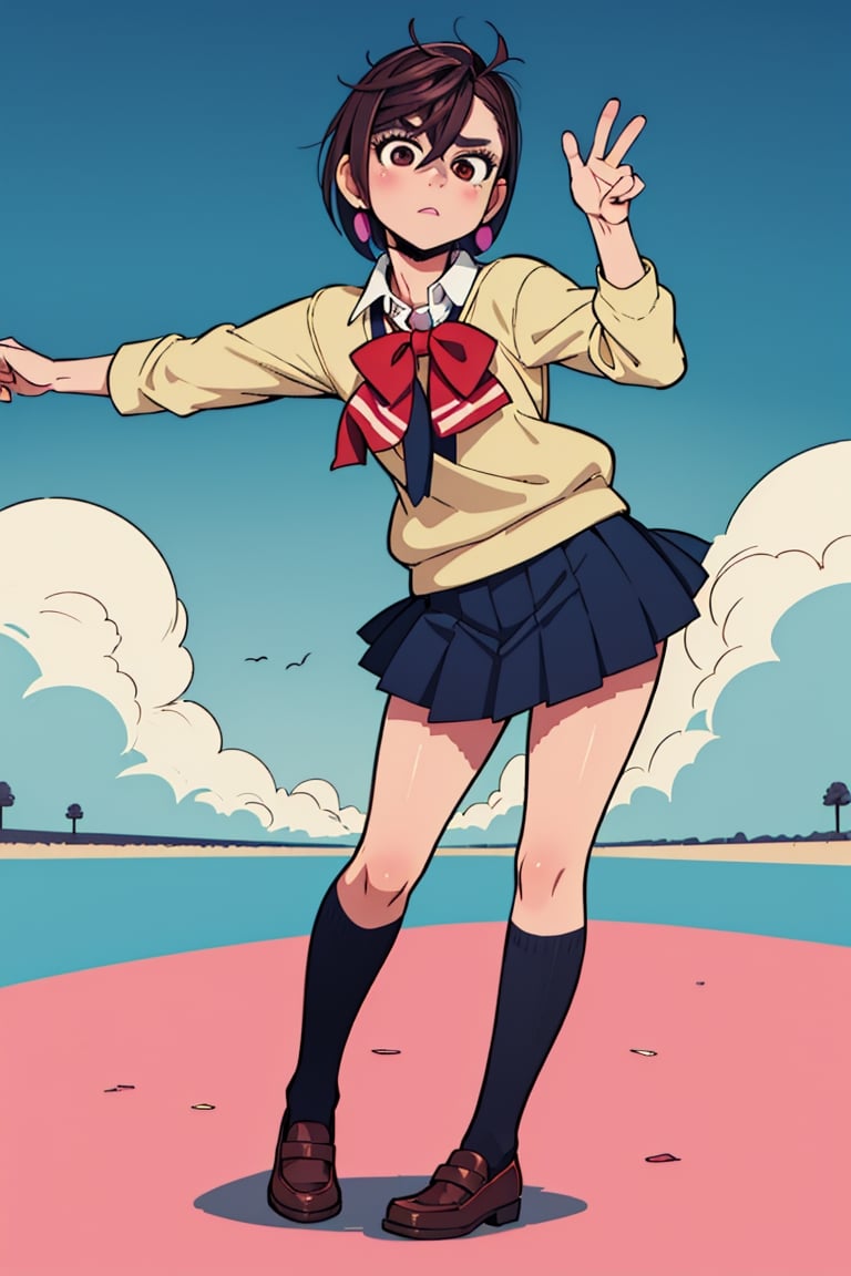 High Quality, Master piece, beautiful  solo female, perfect anatomy, beautiful girl, school uniform, short hair, school_girl, (fullbody shot), ,momo_ayase, Dynamic pose, Speedoru,Shadman  