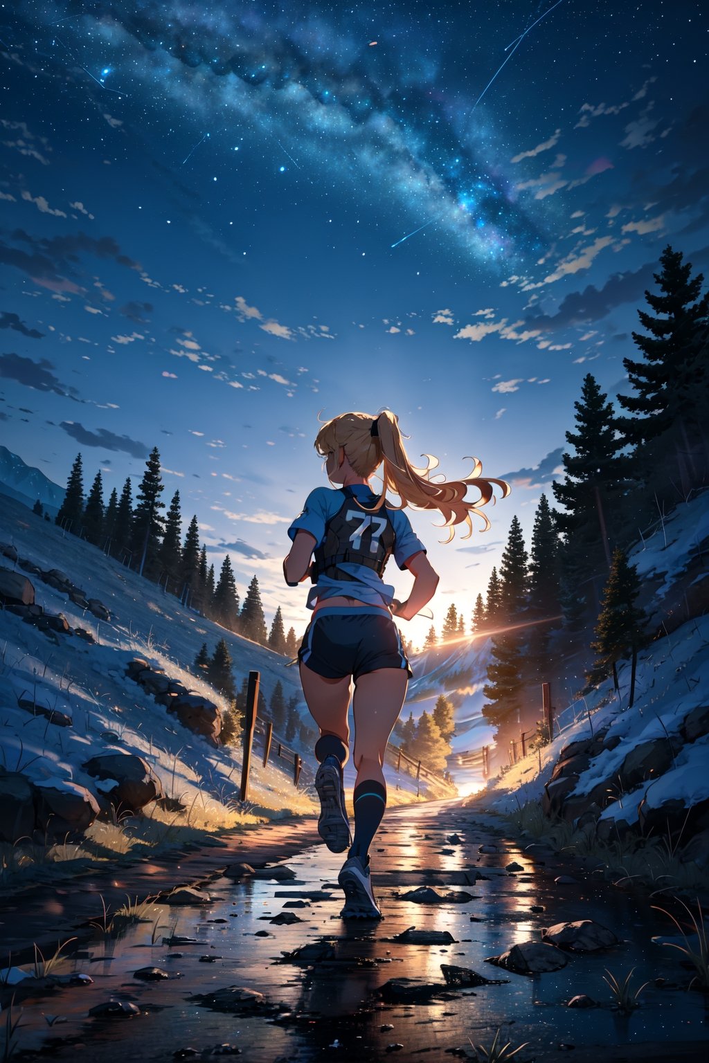 (masterpiece:1.2), best quality, ultra-detailed, 8K, A girl, ((running)), night,toned perfect body proportions, blonde hair, blonde ponytail hair, wearing a blue sports top, navel, blue floaty shorts, white knee-high socks,  running shoes ,black|white, trail running uphill on a foggy matte black mountain road, The road is made of dirt and stones, with the camera view from behind looking forward, deep in focus, mountain, rock, shooting star, Wasteland style background, real_hands, better_hands, hands,