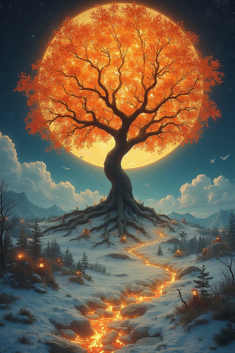 Illustration, Ice and Fire, image style from Gustav  Klimt's "tree of life" , masterpiece, best quality, (ultra-detailed, 8k, uhd), (kawaii background:1.3), (extremely detailed, fine touch:1.3), (beauty and aesthetics:1.3), superb detail,   It must not be commonplace, Must have a very complex structure, Must have a very high degree of randomness, Must be an image that no one has ever seen before, It has to be very original, Must have tremendous detail, It has to be of the highest artistic quality, It has to be the ultimate, Failure is not an option,VNS_Add more details