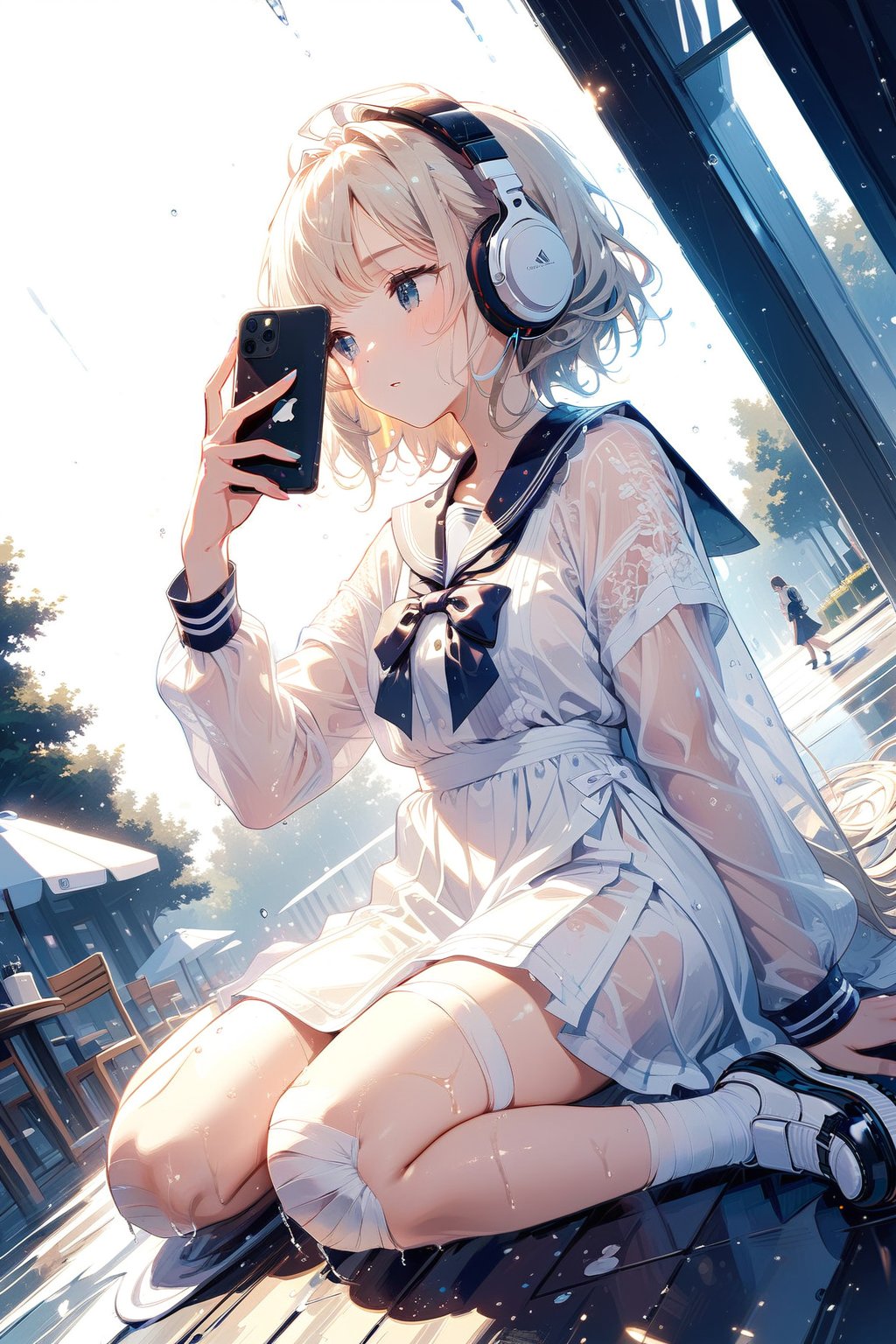 a girl accidentally falling over on the ground, she is (hurt and wrap bandages around a knee), she takes selfies and using her iPhone, capturing this unique moment, Beside the coffee_shop, （heavy rain, a girl, wrap bandage around knee:1.2), (take selfies from above:1.3), white over-ear headphones, fashion model, white canvas shoes, white wet jkseifuku jk dress, wet body, highres, absurdres, hourglass body shape, side view, Masterpiece, best quality, (ultra-detailed, 8k, uhd),