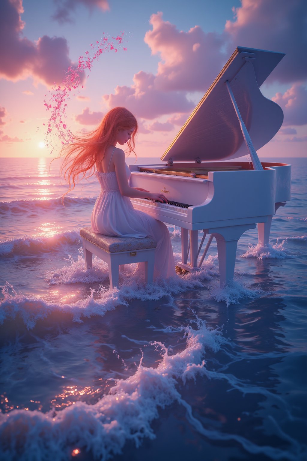 On the vast ocean, a white grand-piano floats gently on the calm water as a young girl plays softly. Gentle waves lap against the piano, and the sky is tinted with soft pink and purple hues of the sunset. The whole scene has a dreamy Lofi atmosphere, with musical notes flowing in the air like waves, softly drifting like glowing light particles. The distant background is slightly blurred to keep the focus on the girl and the piano. An animated image of a girl playing a piano. The  piano is white and the keys are black. Her hair is a vibrant orange color, Her eyes are closed and her mouth is slightly open. Her hands are on the black piano keys., extreme low angle from below,FluxBoost