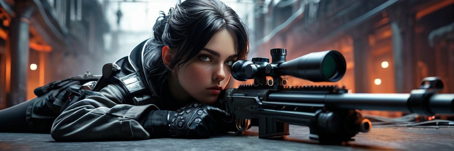 breathtaking silence RAW photo of a female sniper lying in wait with a heavy sniper rifle, disguise, full_body, from head to foot, sideways, side view, she is Hidden whereabouts and focused eyes, intense gaze, in the style of Nano-punk, goth girl, sci-fi background, masterpiece, professional, award-winning, intricate details, ultra high detailed, 64k, dramatic light, volumetric light, Epic, 