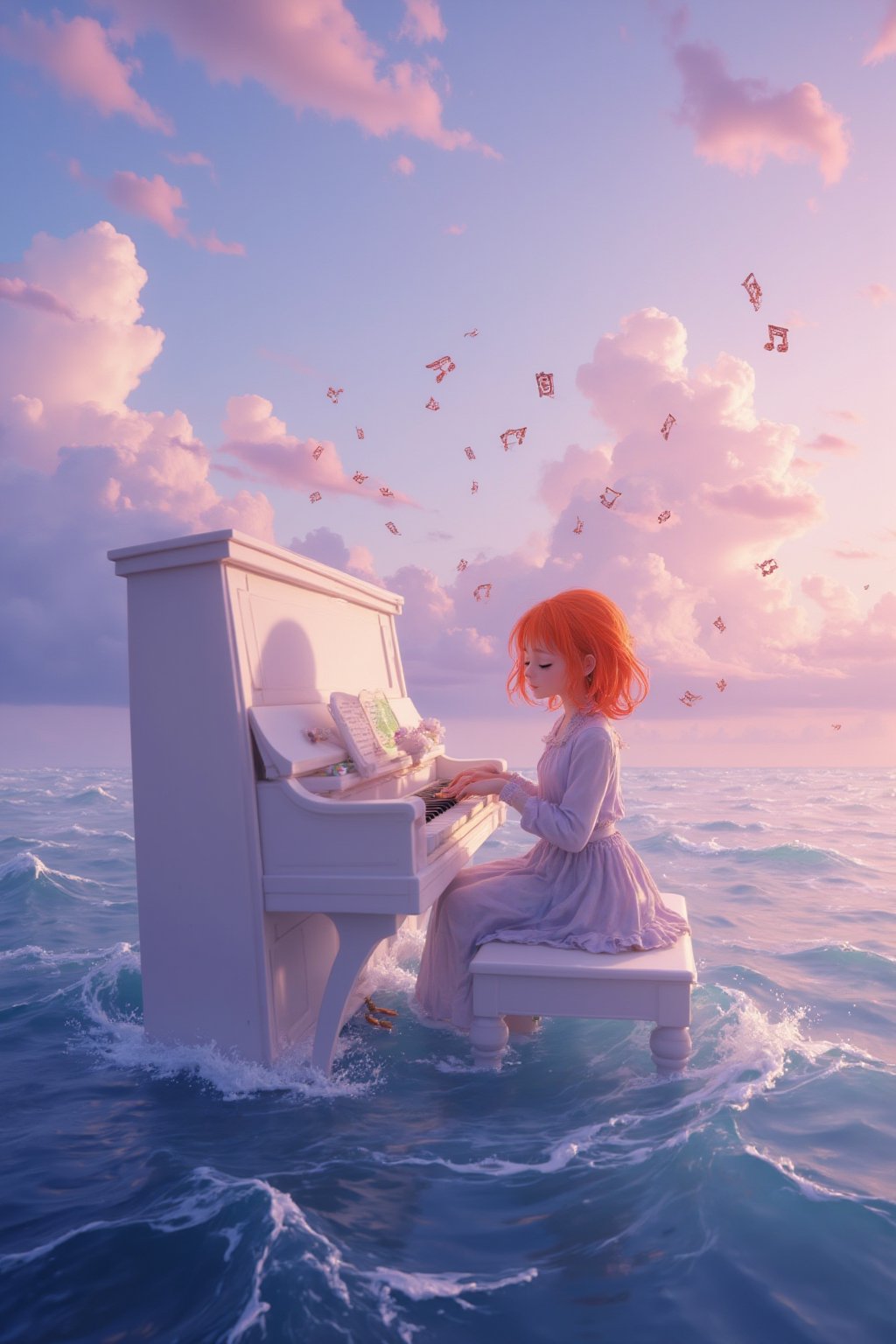 On the vast ocean, a white classical piano floats gently on the calm water as a young girl plays softly. Gentle waves lap against the piano, and the sky is tinted with soft pink and purple hues of the sunset. The whole scene has a dreamy Lofi atmosphere, with musical notes flowing in the air like waves. An animated image of a girl playing a piano. The piano is white and the keys are black. Her hair is a vibrant orange color. Her eyes are closed and her mouth is slightly open. Her hands are on the piano keys. 