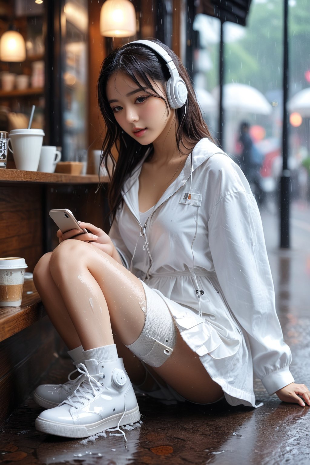 a girl accidentally falling over on the ground, she is (hurt and put a bandage on her knee), she takes selfies and using her iPhone, capturing this unique moment, Beside the coffee_shop, （heavy rain, a girl, put bandage on knee:1.2), (take selfies:1.3), white over-ear headphones, fashion model, white canvas shoes, white wet jkseifuku jk dress, wet body, highres, absurdres, hourglass body shape, side view, Masterpiece, best quality, (ultra-detailed, 8k, uhd),