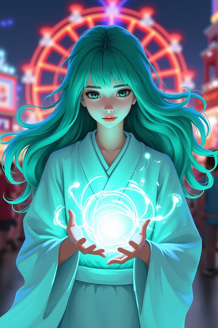 Masterpiece, best quality, 8K, ultra-detailed textures and realistic lighting, beauty and aesthetics, POV, various views, 1girl, solo, cleric, long hair, looking at viewer, bangs, black eyes, closed mouth, light turquoise hair, full body, japanese clothes, blunt bangs, kimono, lips, aqua hair, In Tokyo Disneyland, at night, the Japanese girl stands tall, her crisp white kimono a stark contrast to the noisy surroundings. Colorful neon light Soft, illuminates her porcelain, pale skin, her face illuminated by the glow of a magical circle beneath her. Her hair flows wildly, charged with energy, her eyes focused and determined, her hands outstretched as she summons a swirling vortex of magic. Her vibrant green hair catches the fading moody lighting, framing her serene expression amidst the amusement park, light particles, colored pencil, sketch, painting, paper texture, SamYoung_Illustration, art_solyanka