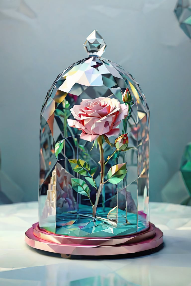 Low poly art showcasing 1beautiful rose\（glass cloche dome\）： Deep layers of cut paper, surrounded by intricate design, masterpiece, professional, award-winning, art station, intricate details, ultra high detailed, 16k, dramatic light, volumetric light, cybernetic illuminations, Epic,style,concept,