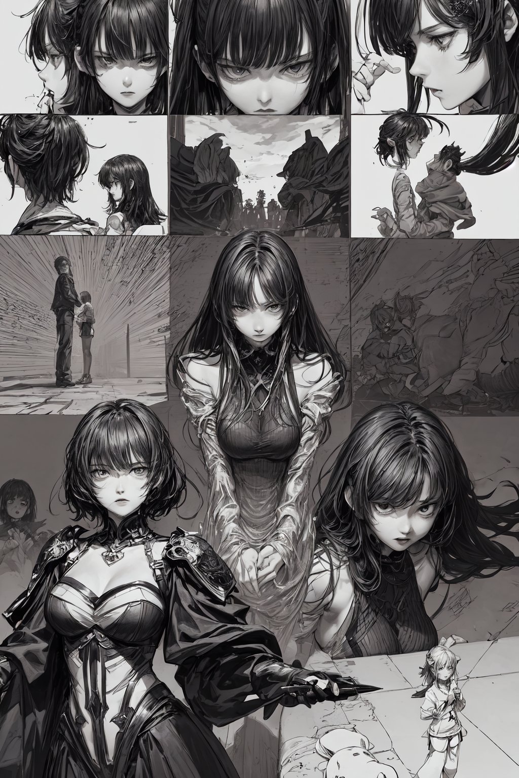 ((Create an pen-and-ink illustration inspired by Guweiz’s art style, featuring 6-manga-style panels arranged in a grid layout, Each panel should depict a different part of an unfolding story. Use bold, dynamic lines typical of manga art, and vary the size of the panels for visual interest. Some panels should be close-up shots, while others show wider, more expansive scenes))).

The main focus is on a woman with a terrified or shocked expression. Surrounding her are five figures, a mix of human and creature-like beings, emerging from the background or creeping in from the edges of the panels. Their upper bodies should be visible, as if they’re lunging or jumping toward her, creating a sense of imminent danger. The scene should feel dark, intense, and filled with horror, with the figures contributing to an overwhelming feeling of threat and fear,