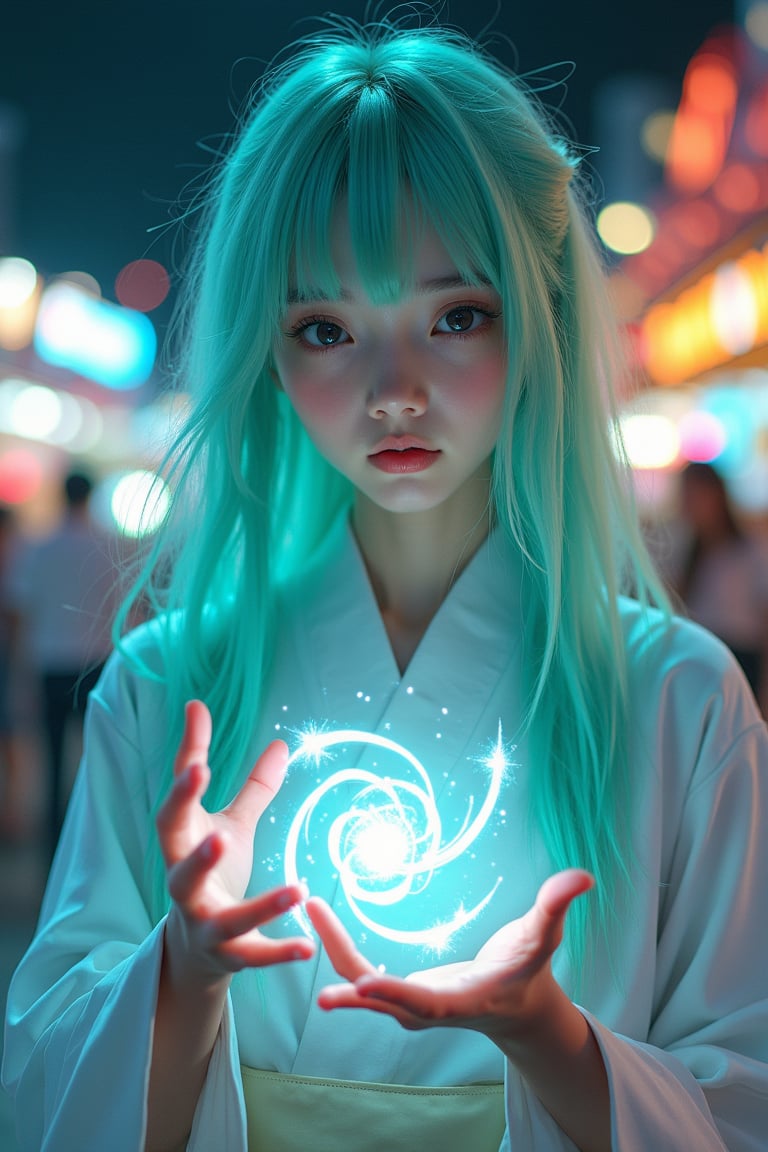 Raw photo, realistic, Masterpiece, best quality,  8K, ultra-detailed textures and realistic lighting, beauty and aesthetics, POV, various views, 1girl, solo, cleric, long hair, looking at viewer, bangs, black eyes, closed mouth, light turquoise hair, full body, japanese clothes, blunt bangs, kimono, lips, aqua hair, In Tokyo Disneyland, at night, the Japanese girl stands tall, her crisp white kimono a stark contrast to the noisy surroundings. Colorful neon light Soft, illuminates her porcelain, pale skin, her face illuminated by the glow of a magical circle beneath her. Her hair flows wildly, charged with energy, her eyes focused and determined, her hands outstretched as she summons a swirling vortex of magic. Her vibrant green hair catches the fading moody lighting, framing her serene expression amidst the amusement park, light particles, 