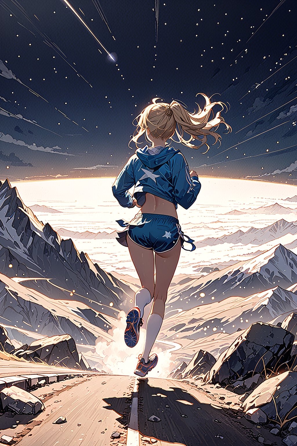 
(masterpiece:1.2), best quality, ultra-detailed, 8K, A girl, ((running)), night,toned perfect body proportions, blonde hair, blonde ponytail hair, wearing a blue sports top, navel, blue floaty shorts, white knee-high socks,  running shoes ,black|white, trail running uphill on a foggy matte black mountain road, The road is made of dirt and stones, with the camera view from behind looking forward, deep in focus, mountain, rock, shooting star, Wasteland style background, real_hands, better_hands, hands,