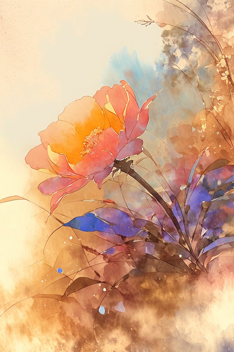 Soft focus captures the whimsical moment: a waning watercolor flower, its petals unfolding like a gentle sigh, floats effortlessly across a sun-weathered sandy dune. The stem stretches towards the setting sun, where vibrant orange and pink hues radiate.