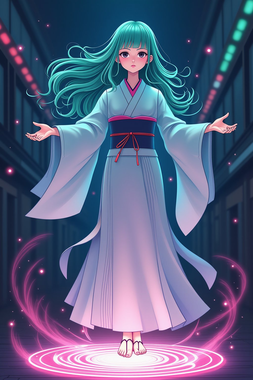 Illustration, flat vector art, Masterpiece, best quality, 8K, ultra-detailed textures and realistic lighting, beauty and aesthetics, POV, various views, 1girl, solo, cleric, long hair, looking at viewer, bangs, black eyes, closed mouth, light turquoise hair, full body, japanese clothes, blunt bangs, kimono, lips, aqua hair, In Tokyo Disneyland, at night, the Japanese girl stands tall, her crisp white kimono a stark contrast to the noisy surroundings. Colorful neon light Soft, illuminates her porcelain, pale skin, her face illuminated by the glow of a magical circle beneath her. Her hair flows wildly, charged with energy, her eyes focused and determined, her hands outstretched as she summons a swirling vortex of magic. Her vibrant green hair catches the fading moody lighting, framing her serene expression amidst the amusement park, light particles,ek_art_b00ster,ek_game_3ffect,ek_ge1frt,ek_g4k,ek_gm,ek_ge1tng,ek_ges1ba,ek_ct4k,minimalist_line_style