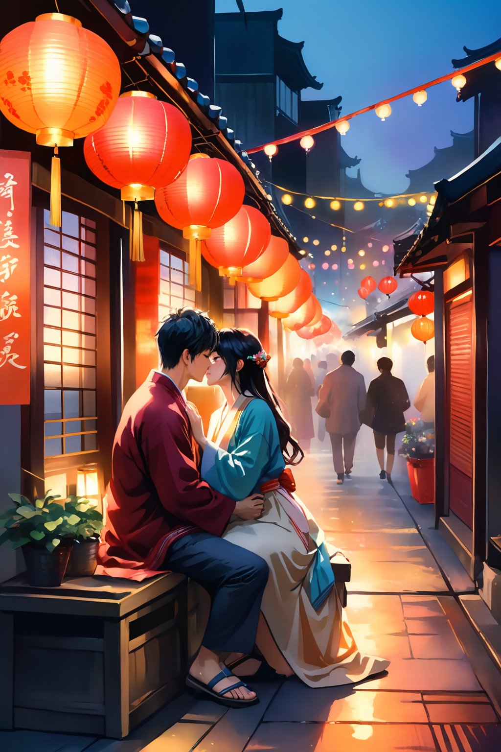 Masterpiece, best quality, ultra-detailed, As the afterglow of the sunset bathes the bustling market, a couple sits at its edge, Surrounded by lanterns and colorful streamers, the man gently pulls the woman into his embrace, planting a tender kiss on her lip, (a couple), harajuku style, watercolor painting, highres, absurdres,