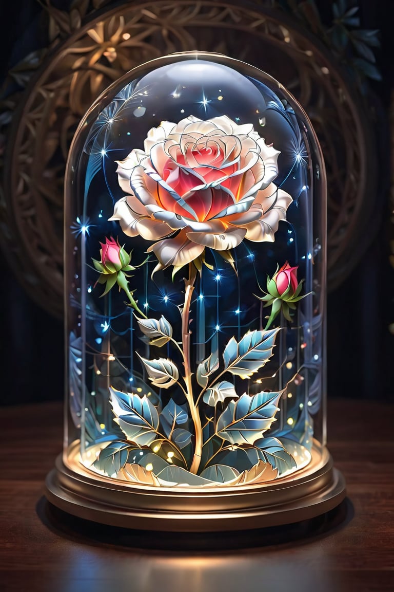 fractal art showcasing 1beautiful rose\（glass cloche dome\）： low poly art of cut paper, surrounded by intricate design, masterpiece, professional, award-winning, art station, intricate details, ultra high detailed, 16k, dramatic light, volumetric light, cybernetic illuminations, Epic,style,concept,BugCraft