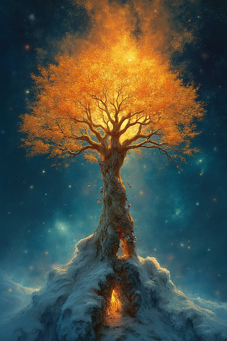 Illustration, Ice and Fire, image style from Gustav  Klimt's "tree of life" , 
World within the fissure: Around or beneath the tree, a crack reveals glimpses of another world or dimension, enhancing a surreal atmosphere.
masterpiece, best quality, (ultra-detailed, 8k, uhd), (kawaii background:1.3), (extremely detailed, fine touch:1.3), (beauty and aesthetics:1.3), superb detail,   It must not be commonplace, Must have a very complex structure, Must have a very high degree of randomness, Must be an image that no one has ever seen before, It has to be very original, Must have tremendous detail, It has to be of the highest artistic quality, It has to be the ultimate, Failure is not an option