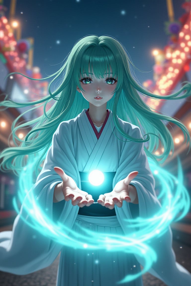 Masterpiece, best quality, POV, photorealistic, camera looking down, 1girl, solo, cleric, long hair, looking at viewer, bangs, black eyes, closed mouth, light turquoise hair, full-body view, Energetic Pose, japanese clothes, blunt bangs, kimono, lips, aqua hair, In Tokyo Disneyland, at night, the Japanese girl stands tall, her crisp white kimono a stark contrast to the noisy surroundings. Colorful neon light Soft, illuminates her porcelain, pale skin, her face illuminated by the glow of a magical circle beneath her. Her hair flows wildly, charged with energy, her eyes focused and determined, her hands outstretched as she summons a swirling vortex of magic. Her vibrant green hair catches the fading volumetric lighting, framing her serene expression amidst the amusement park, light particles, Ethereal, 