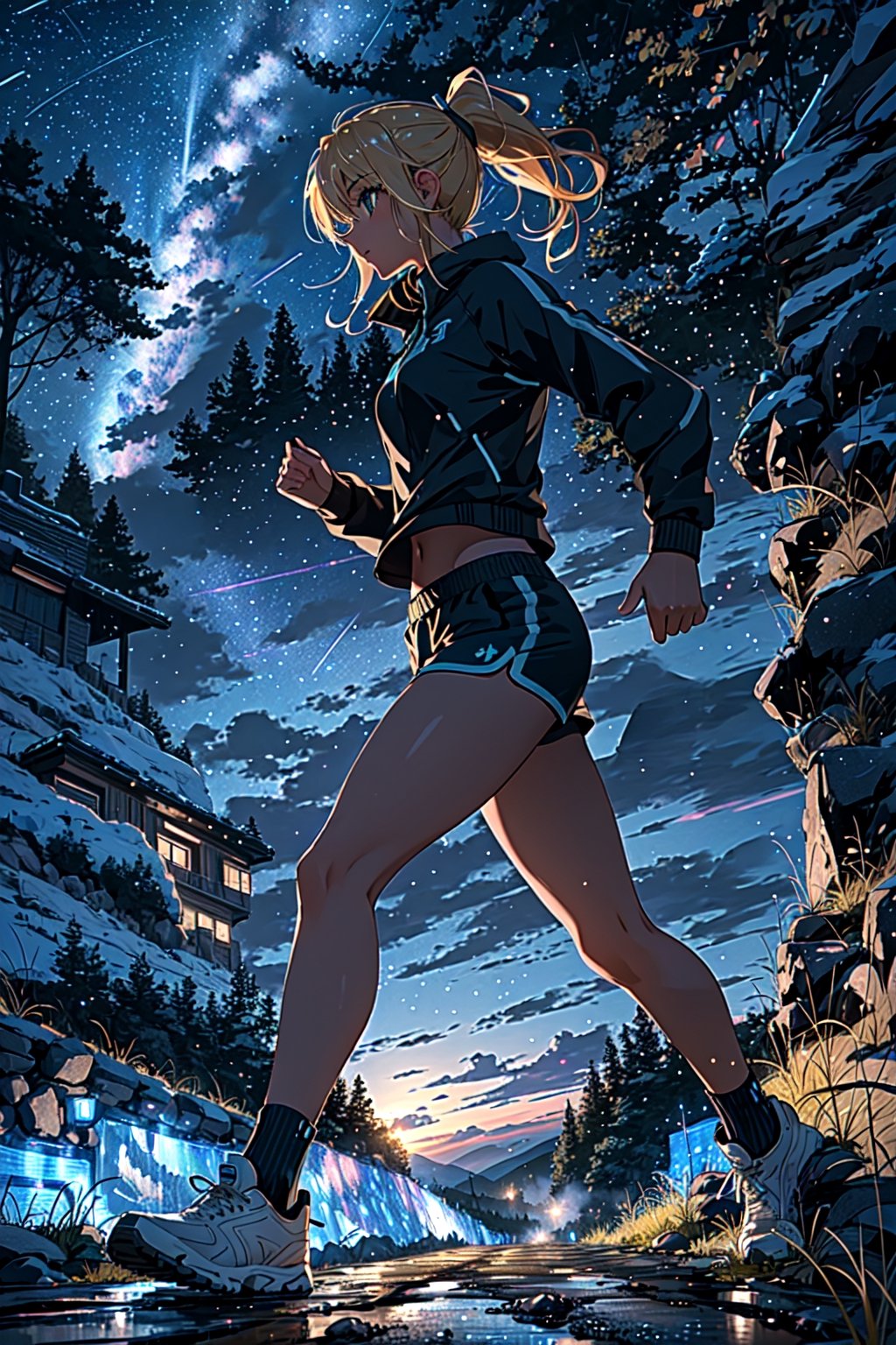 (masterpiece:1.2), best quality, ultra-detailed, 8K, A girl, ((running)), night,toned perfect body proportions, blonde hair, blonde ponytail hair, wearing a blue sports top, navel, blue floaty shorts, white knee-high socks,  running shoes , trail running uphill on a foggy matte black mountain road, The road is made of dirt and stones, from side view, deep in focus, mountain, rock, shooting star, Wasteland style background, real_hands, better_hands, hands,