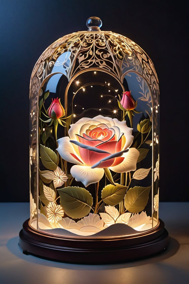  split theme showcasing 1beautiful rose\（glass cloche dome\）： Deep layers of cut paper, surrounded by intricate design, masterpiece, professional, award-winning, art station, intricate details, ultra high detailed, 16k, dramatic light, volumetric light, cybernetic illuminations, Epic,style,concept,
